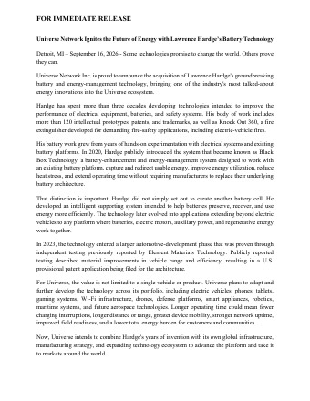 Universe Network Ignites the Future of Energy with Lawrence Hardge&rsquo;s Battery Technology — press release thumbnail