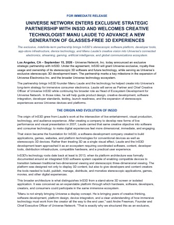 Universe Network Enters Exclusive Strategic Partnership with InS3D and Welcomes Creative Technologist Manu Laude — press release thumbnail